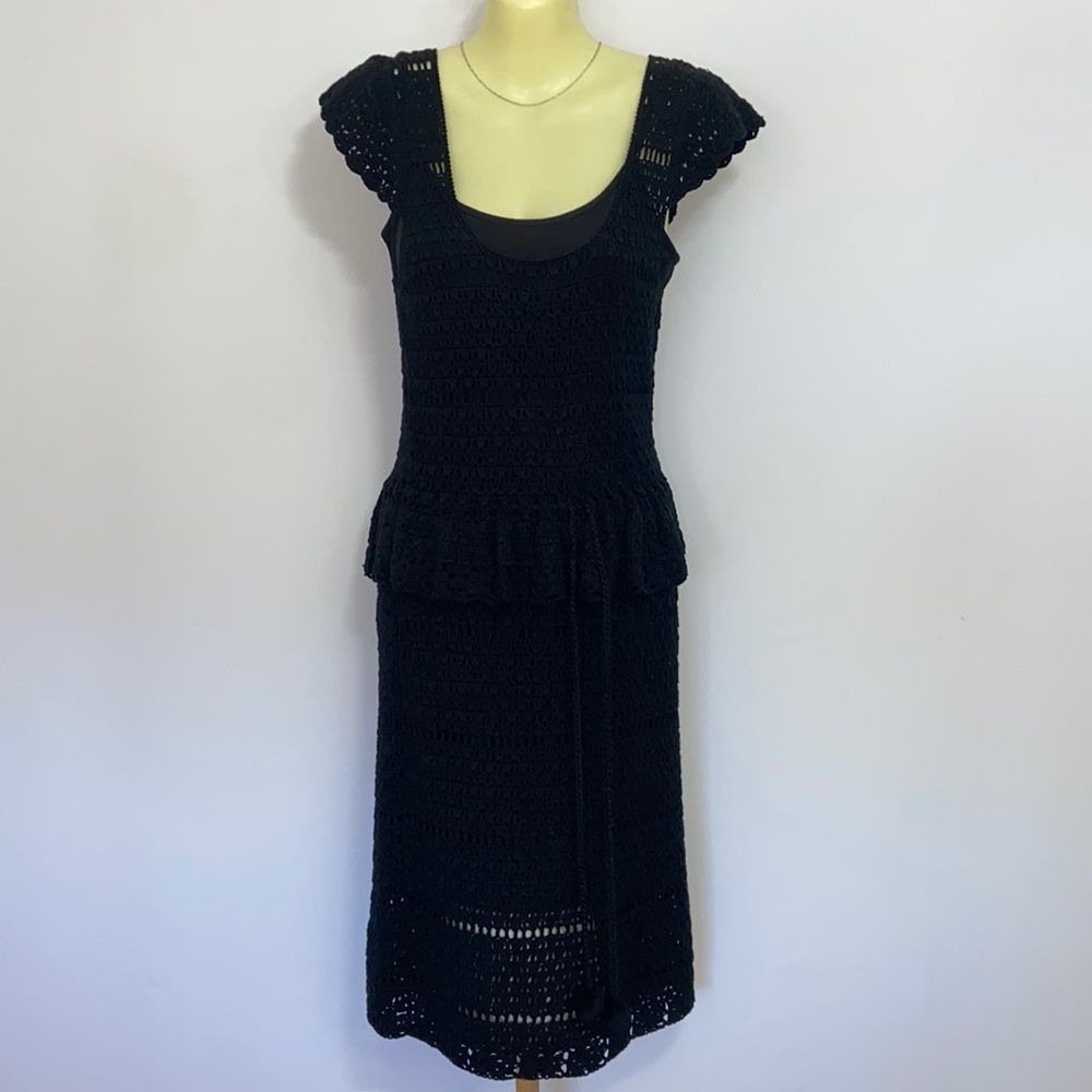 Betsey Johnson Dress Black Crochet Peplum Midi Dress & Slip Excellent Sz Small